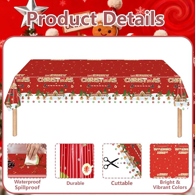 Merry Christmas Party Table Cloth Decorations Red Orange Gingerbread Plastic - Image 7