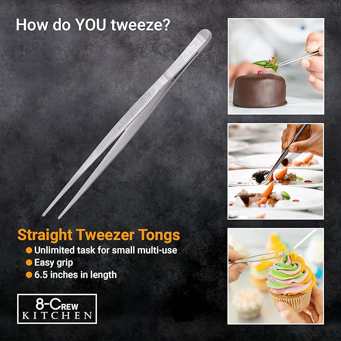 Stainless Steel Culinary Tweezers, 6-Inch Serrated Tips for Plating