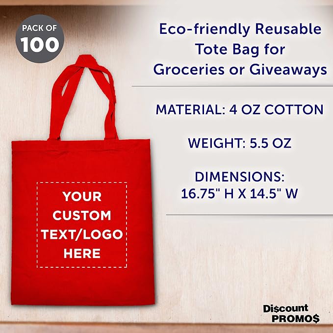 DISCOUNT PROMOS Custom Cotton Canvas Tote Bags Set of 100, Personalized Bulk - Image 4
