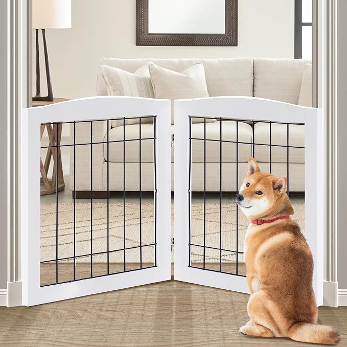 LZRS 2-Panel Freestanding Foldable Wood Dog Gate – Solid Wood & Steel Wire by LZRSPET