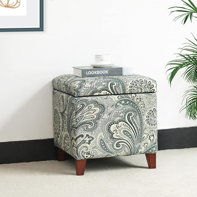 Adeco 18 Inch High Cube Ottoman Storage, Paisley Linen Chair Foot Stools - Image 3
