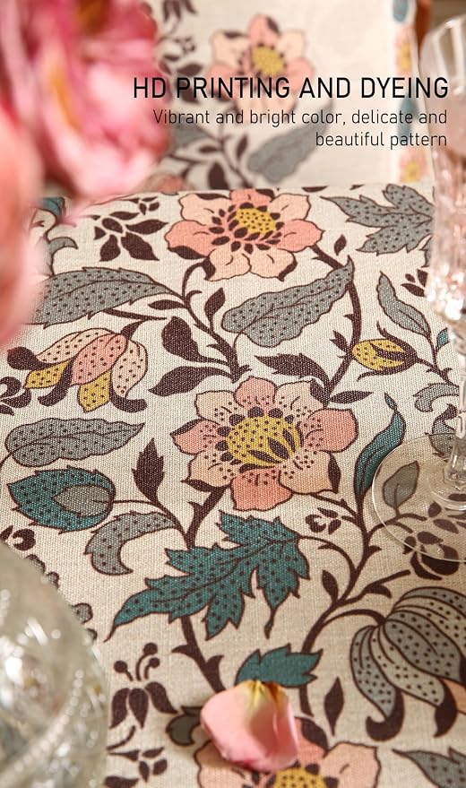 ISAENNE Designer Boho Floral Rectangular Tablecloth, Linen Lotus Flower Pattern - Image 5