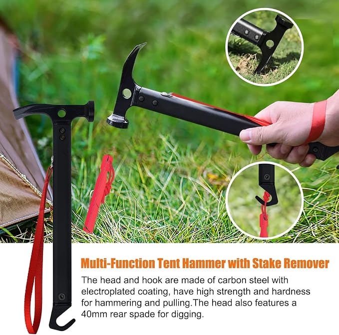 Eurmax USA Hiking Camping Tent Stakes and Hammer Set Lightweight Multi-Function - Image 2