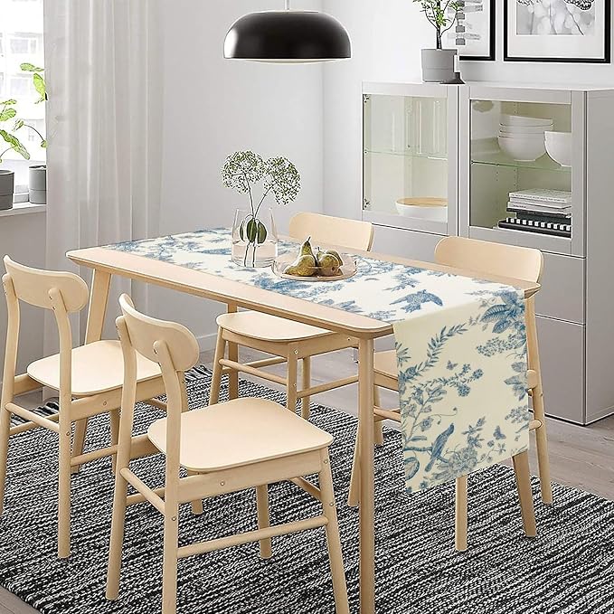 Spring Flower Table Runner, Farmhouse Vintage Blue White Floral Bird Print - Image 3