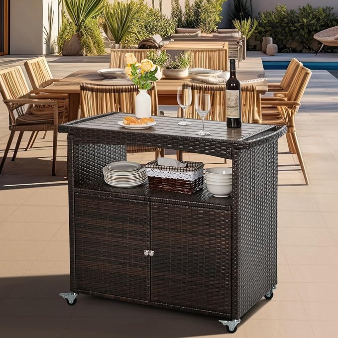 Outdoor Bar Cart with Storage Cabinet Patio Wicker Sideboard Buffet Cabinet by PatioNovagarden