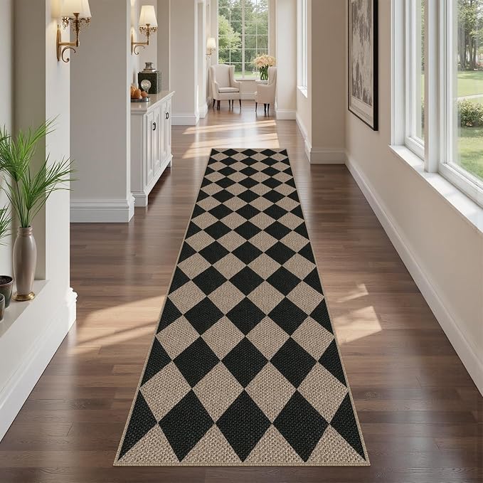Easy Jute Checkered Runner Rug, 2.6x10 Black Modern Washable Rugs Runner - Image 7