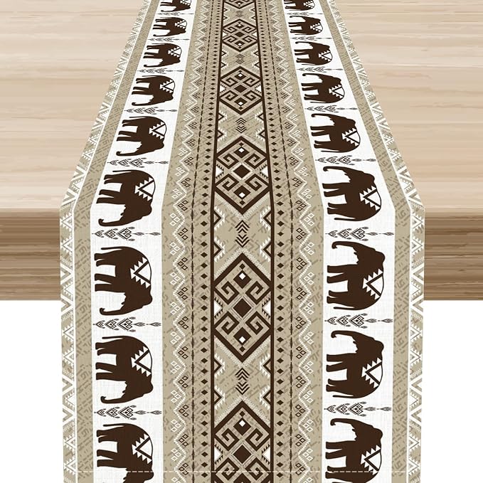 African Tribal Table Runner, Rustic Boho Elephants Diwali India Aztec Bohemian by Unknown