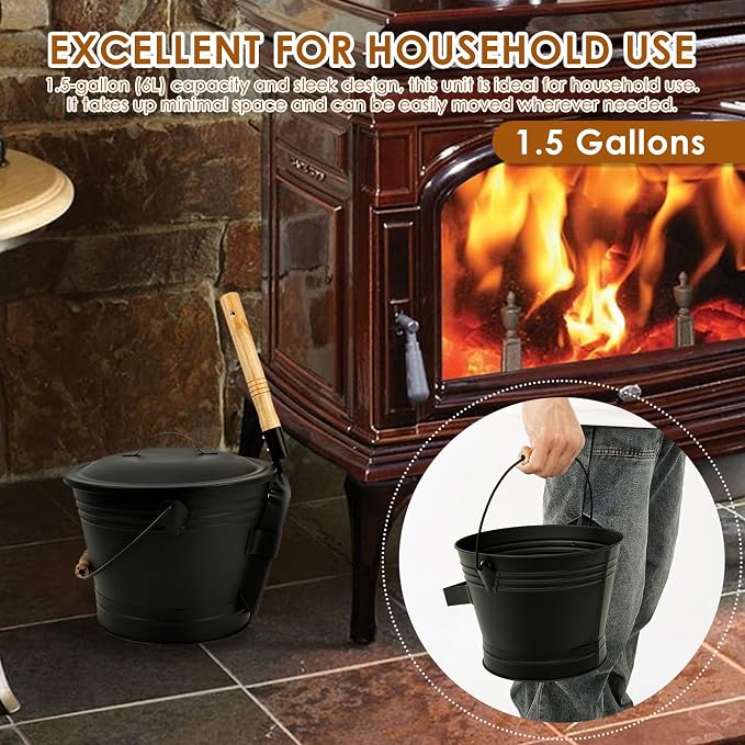 1.5 Gallon Ash Bucket with Lid and Shovel Broom Metal, Fireplace Ash Bucket - Image 4