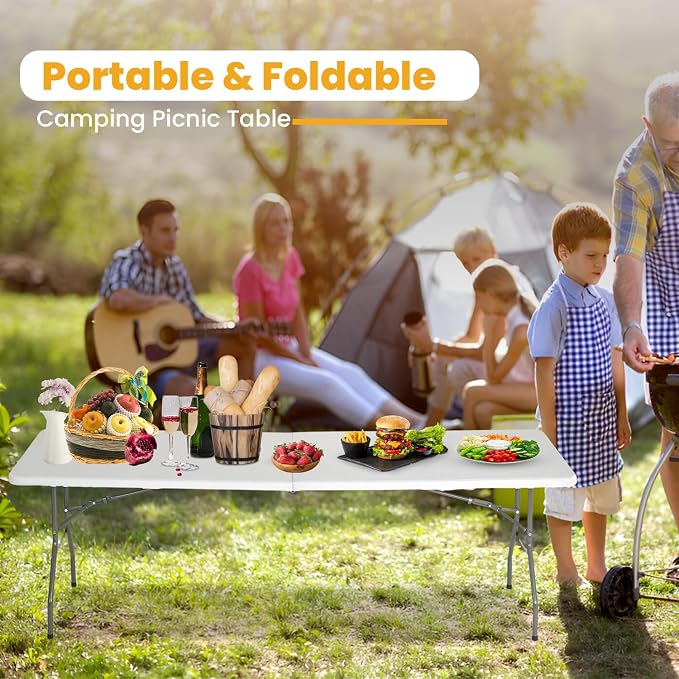 FDW 6FT Folding Table, Portable Fold-in-Half Plastic Picnic Party Table - Image 3