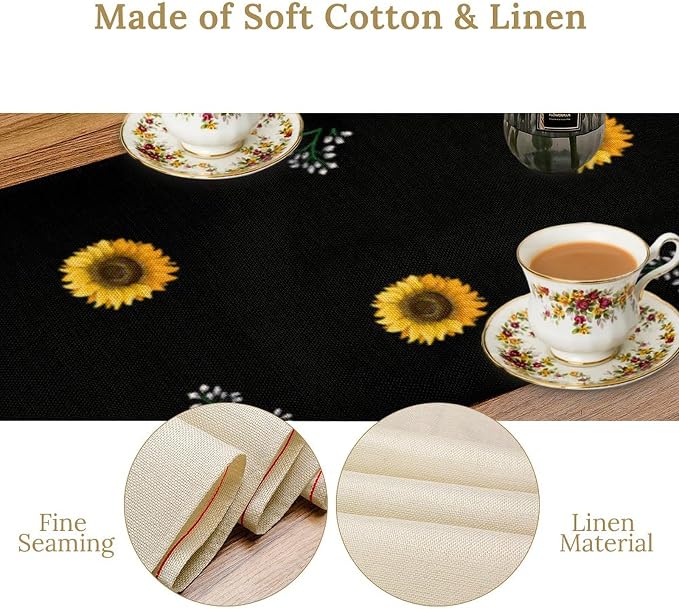 Sunflower Table Runner, Spring Summer Watercolor Floral Plants Leaves Print - Image 7