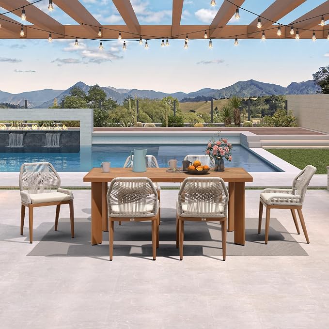 PURPLE LEAF 7 Pieces Dining Set Patio Metal Rectangular Table and Wicker Rattan - Image 3