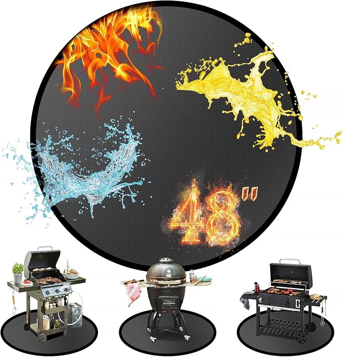 Grill Floor Mat 48 Inch Round Fiberglass Fire Pit Pad with Storage Bag