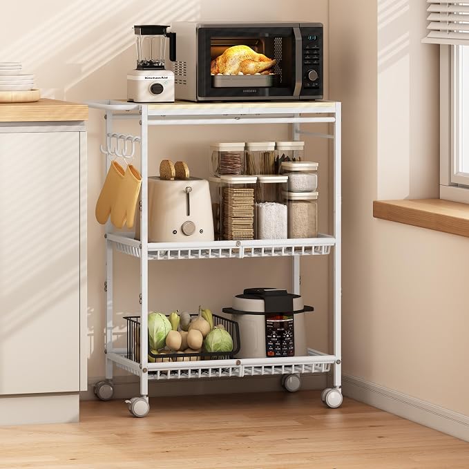 Microwave Kitchen Cart with 2 Lockable Wheels, 3 Tier Rolling Cart with 160Lbs - Image 3