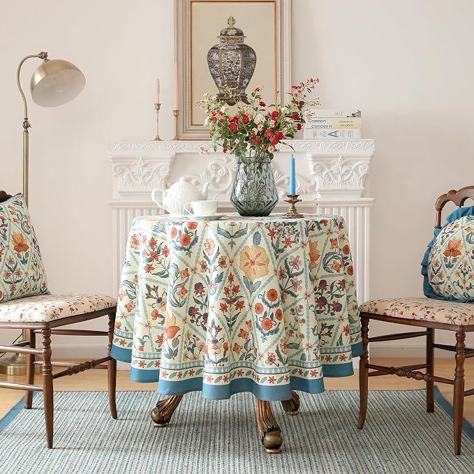 ISAENNE Designer Linen Elegant Small Round Tablecloth, Colorful Floral Bohemian - Image 2