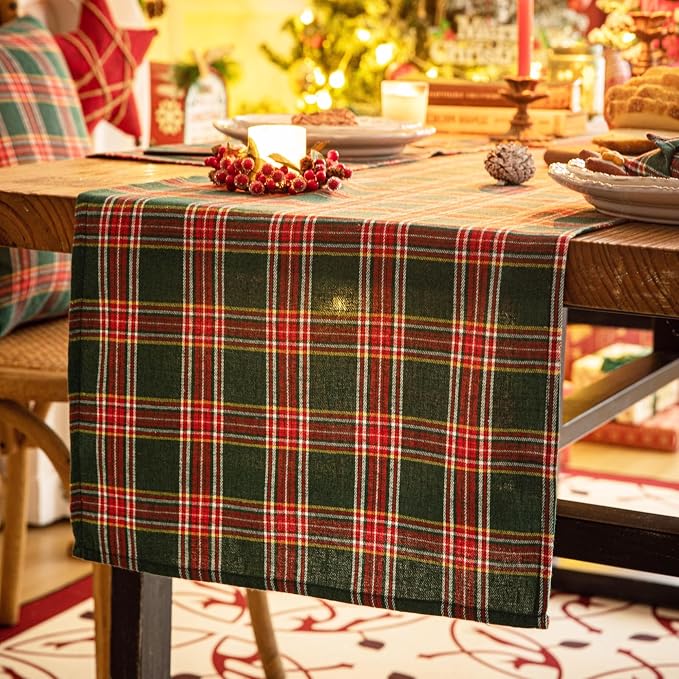 Green Red Plaid Christmas Table Runner, Winter Holiday Table Runners 90 inches - Image 3