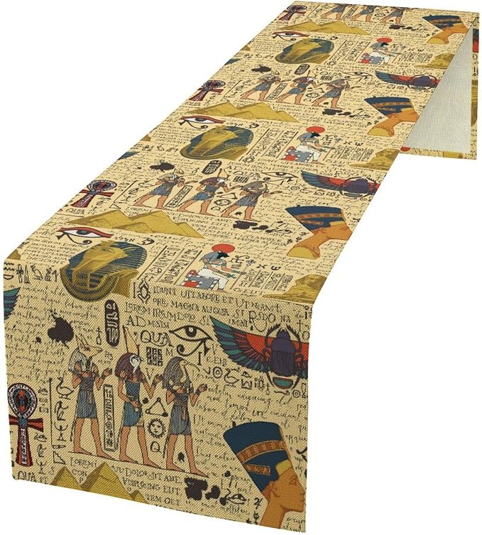 Ancient Egypt Table Runner, Egyptian Symbols Vintage Gold Pharaoh Pyramid by Unknown