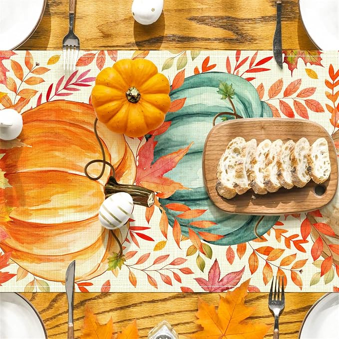 Pumpkin Fall Table Runner, Maple Leaf Autumn Thanksgiving Kitchen Table - Image 4