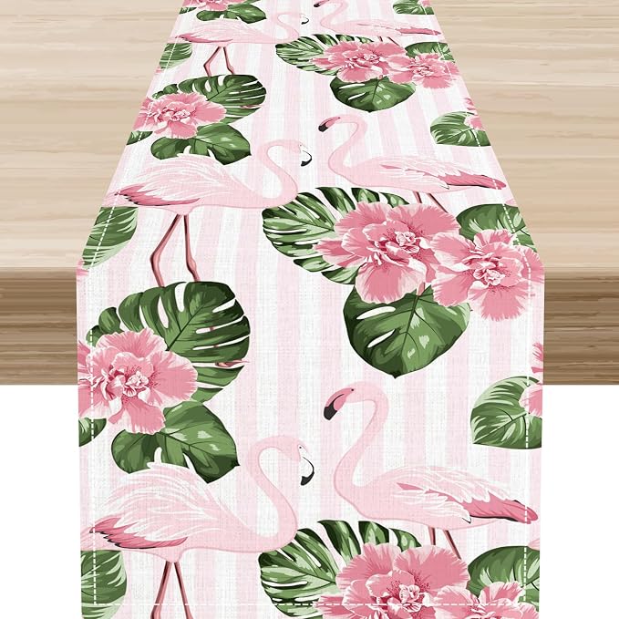 Tropical Table Runner, Retro Flamingo Hawaii Summer Palm Leaves Flower Stripes by Unknown