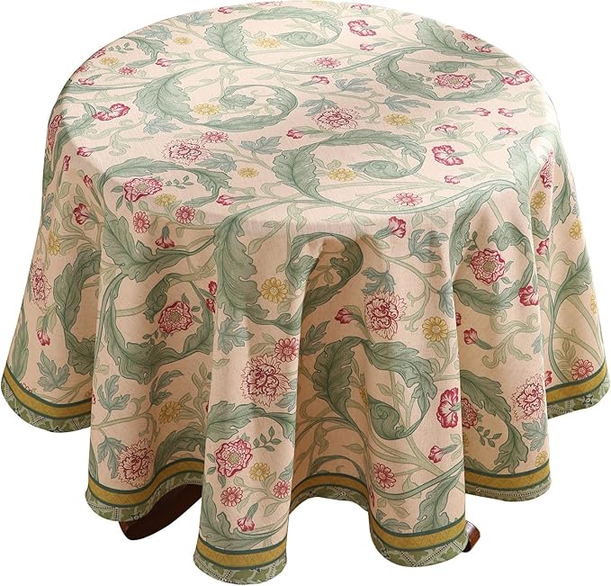 patdrea Designer Vintage Green Round Tablecloth, Linen Leaves Floral Pattern by Welcometopatdrea