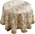patdrea Designer Vintage Green Round Tablecloth, Linen Leaves Floral Pattern by Welcometopatdrea