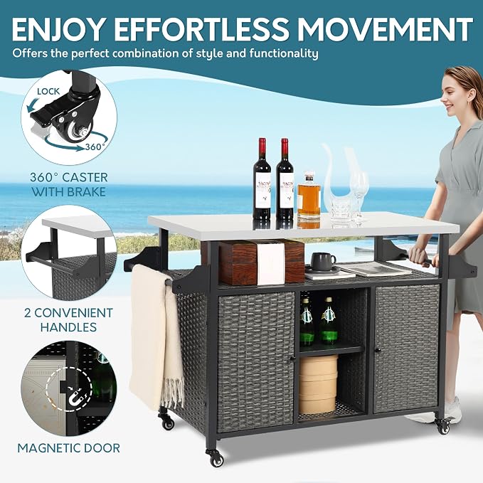 Outdoor Wicker Grill Cart with Storage Cabinet, Outdoor Moveable Bar with - Image 5