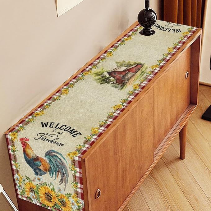 Rooster Table Runner, Farmhouse Red Plaid Sunflower Floral Chicken Farm Cow Pig - Image 3