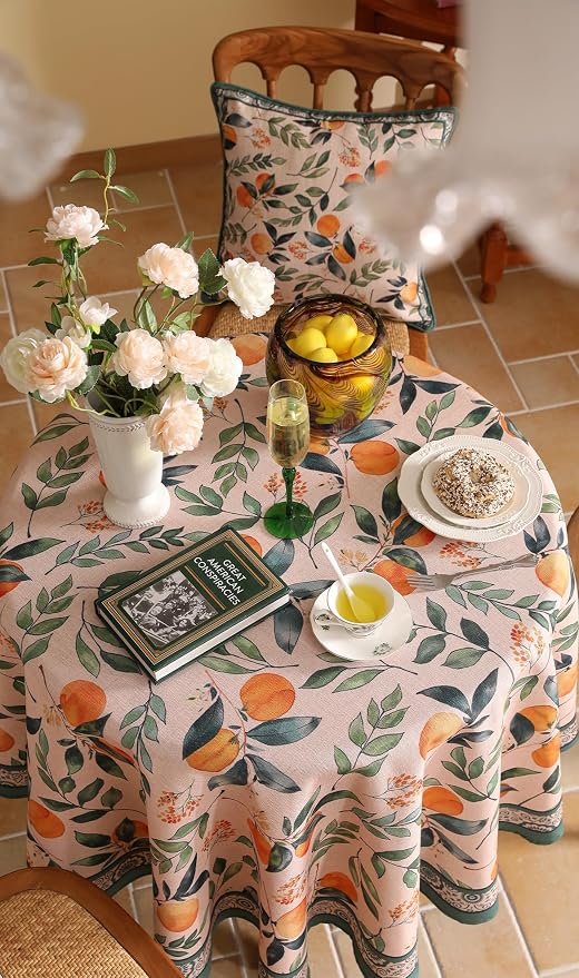 patdrea Designer Linen Small Round Table Cloth, Vintage Framhouse Oranges and - Image 6