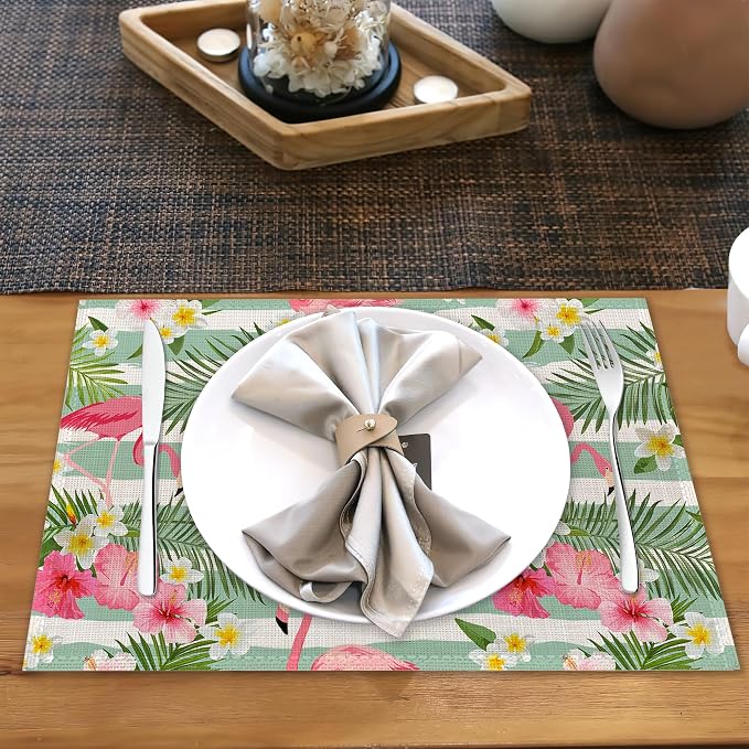 Flamingo Flowers Linen Placemats Set of 6, 12x18 Inch Tropical Leaves Washable - Image 5
