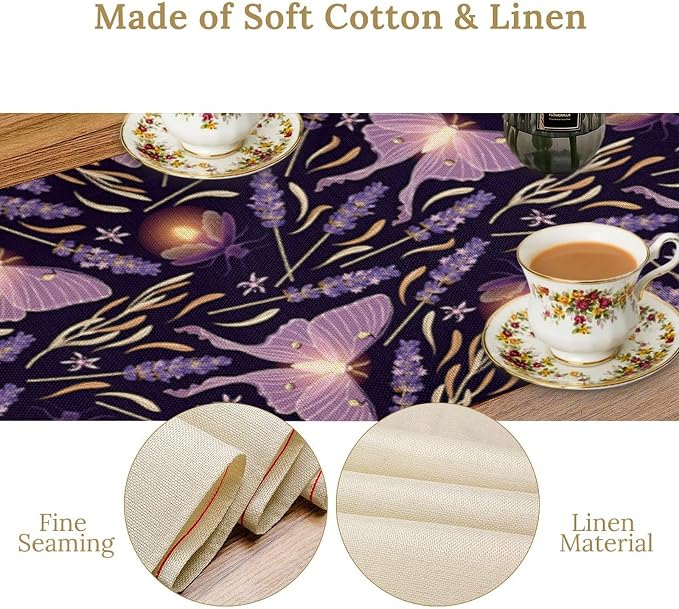 Purple Moth Table Runner, Retro Butterfly Flower Print Table Runner - Image 4