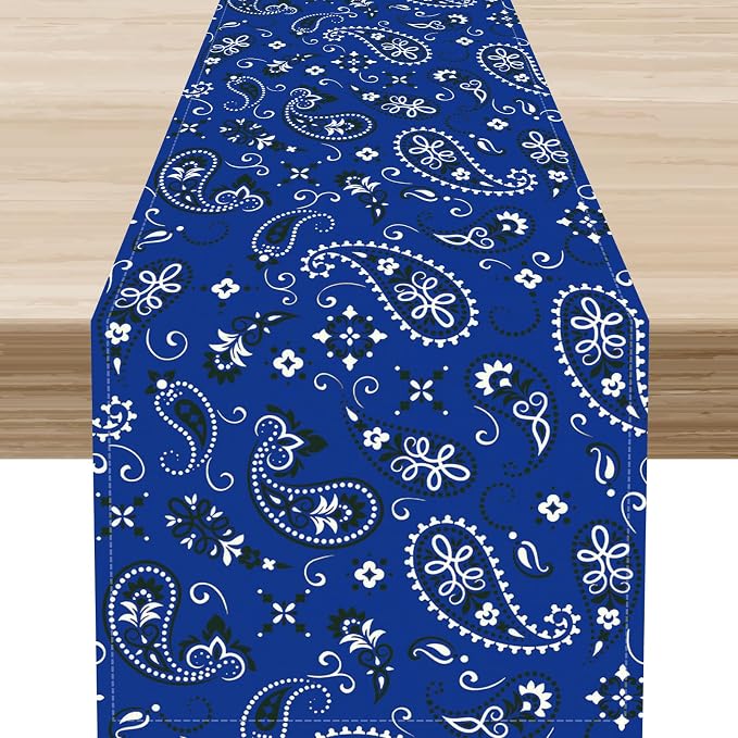 Blue Paisley Table Runner, Vintage Damask Antique Floral Flower Boho Damask by Unknown