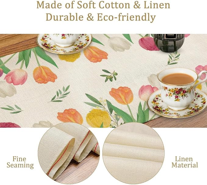 Tulips Spring Table Runner, Rustic Farmhouse Watercolor Botanical Colorful - Image 6