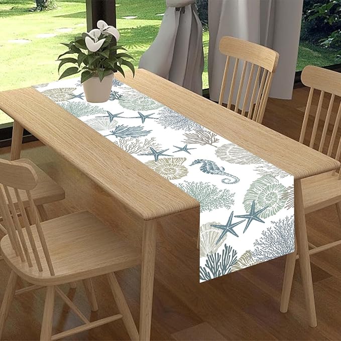 Coastal Table Runner, Summer Beach Starfish Seahorse Seashells Blue Coral - Image 2