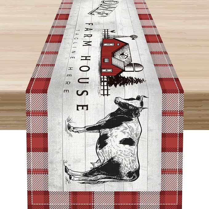 Farmhouse Cow Table Runner, Rustic Red Plaid Animals Buffalo Coffee Table - Image 4