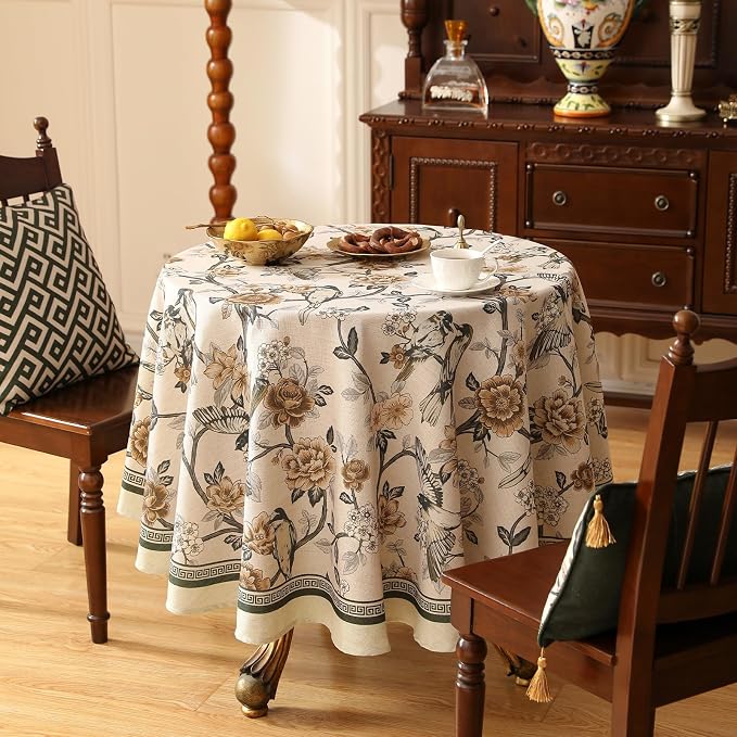 ISAENNE Designer Vintage Linen Small Round Table Cloth, Floral and Bird Pattern - Image 5