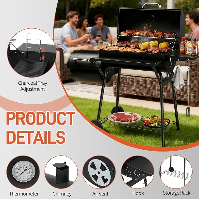 Outvita Charcoal Grill with Offset Smoker, Barrel Barbecue Smoker Grill with - Image 3
