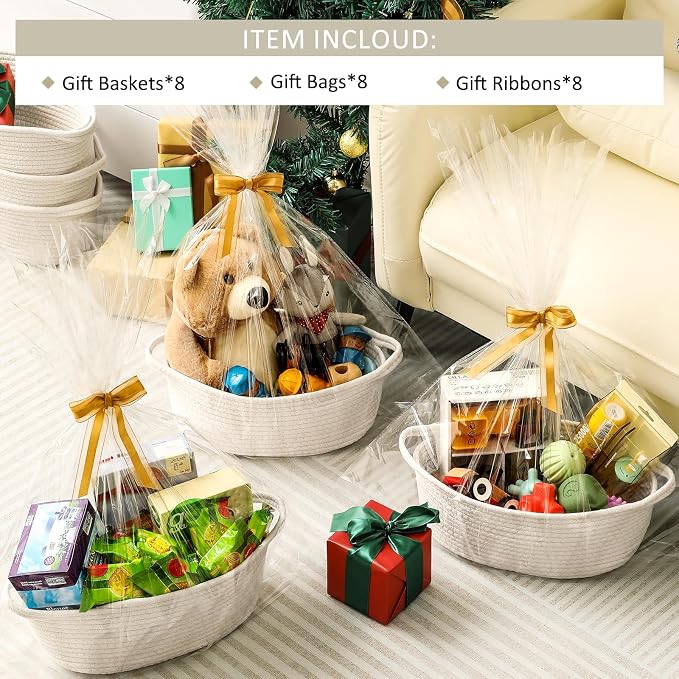 8 Pack Small Woven Basket with Gift Bags and Ribbons, All 12"x 8"x 5", Empty - Image 2