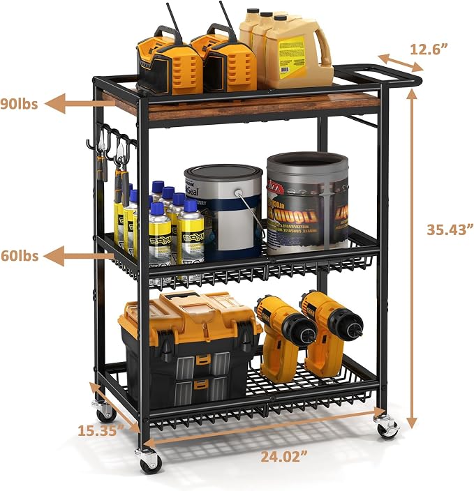 Microwave Kitchen Cart with Push Handle, 3 Tier Rolling Cart with 2 Lockable - Image 4