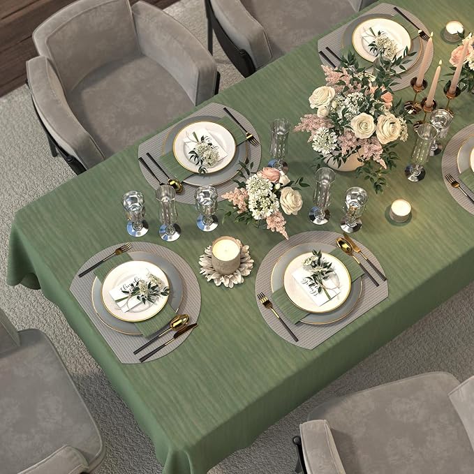 Rectangle Sage Green Table Cloth, Embossed Pleated Textured Waterproof - Image 3