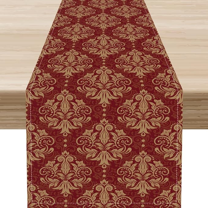 Red Damask Table Runner, Rustic Gothic Baroque Style Floral Boho Flower Antique by Unknown