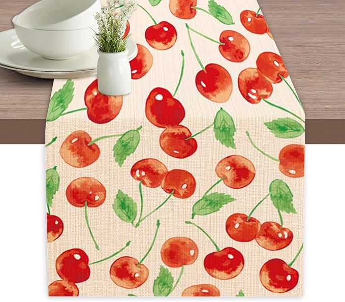 Red Cherry Table Runner Linen Long Farmhouse Rustic TableRunner by Elightvap