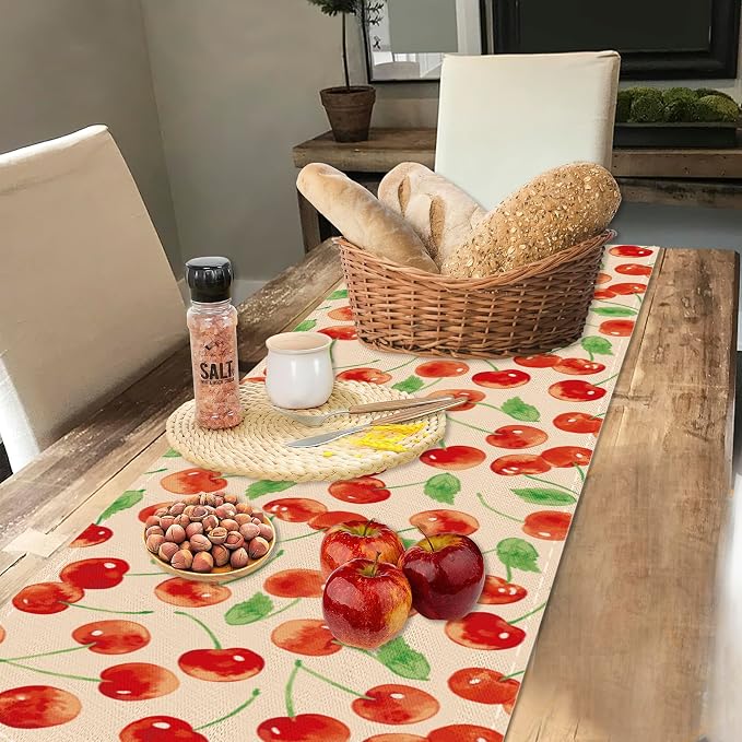 Red Cherry Table Runner Linen Long Farmhouse Rustic TableRunner - Image 4