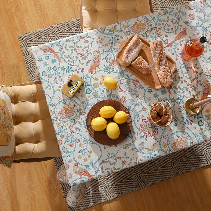patdrea Designer Vintage French Rectangular Tablecloth, Floral Birds Pattern - Image 2