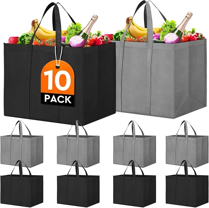 WISELIFE Reusable Grocery Shopping Bags 10 Pack Large Foldable Tote Bags Bulk by WiseLife
