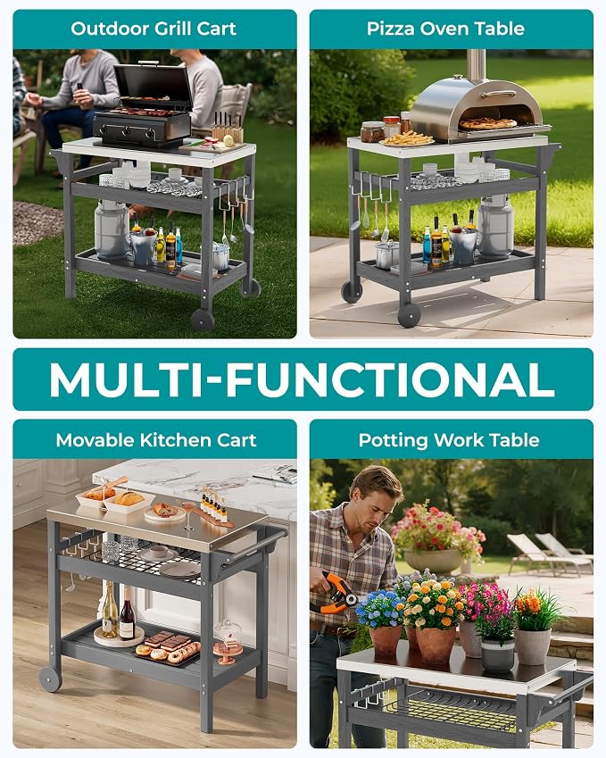 SERWALL Outdoor Grill Cart Pizza Oven Stand Trolley Table - Image 8