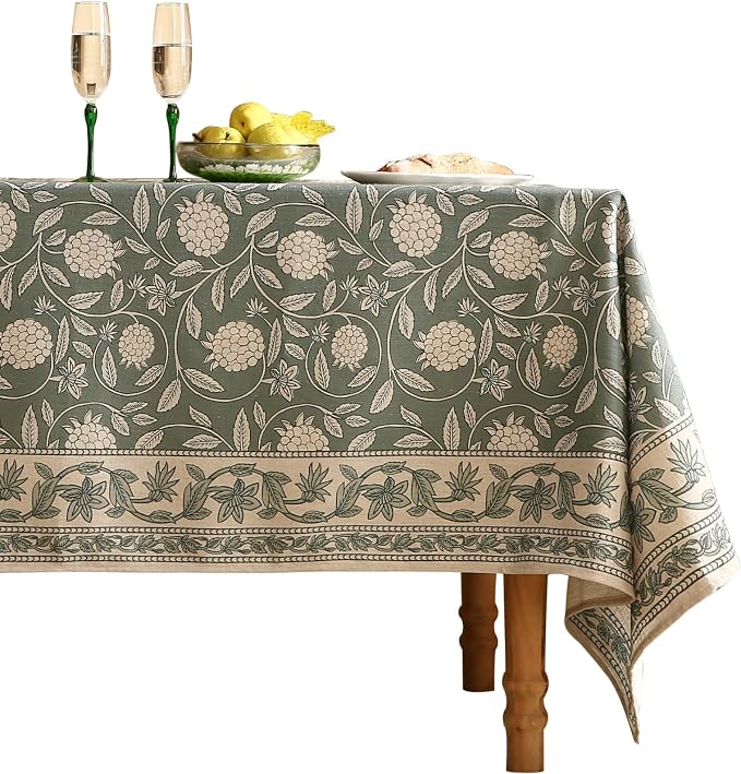 ISAENNE Designer Grayish Green Linen Small Tablecloth Rectangular, Floral Stain by Isaennehomedecoration
