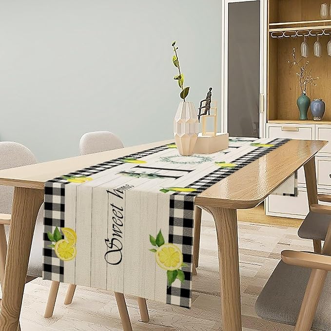 Lemon Fruit Home Table Runner, Vintage Farmhouse Rustic Black White Buffalo - Image 2