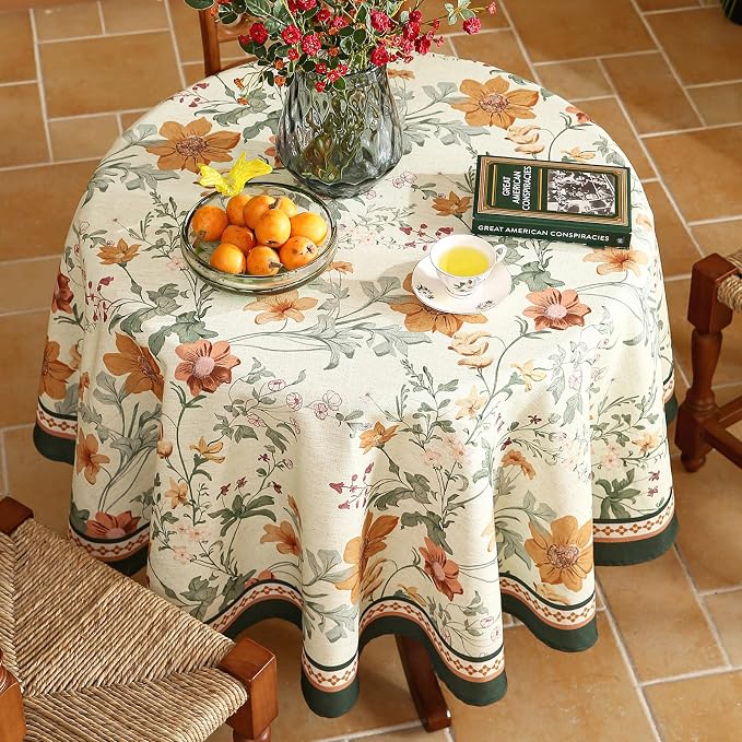 French Tablecloth for Round Table, Linen Orange Floral Wrinkle Resistant - Image 3