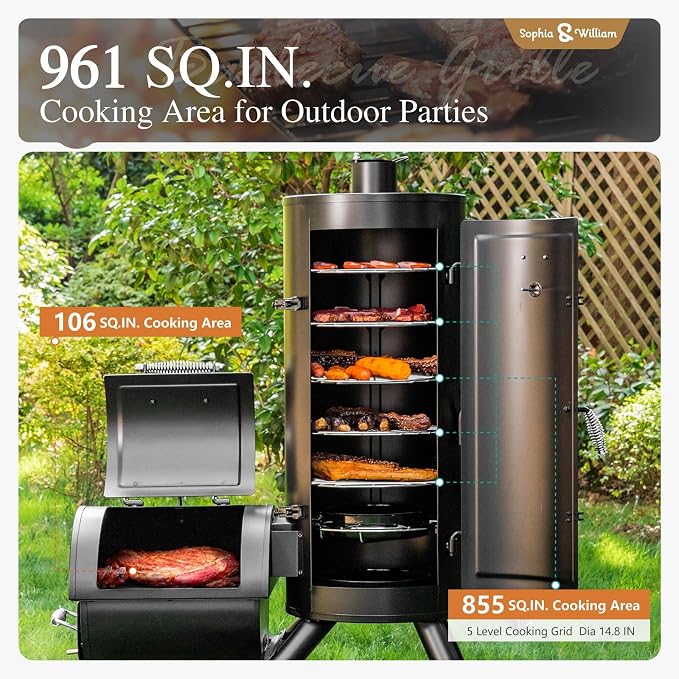 Sophia & William Heavy-Duty Vertical Offset Charcoal Smoker Extra Large Outdoor - Image 2