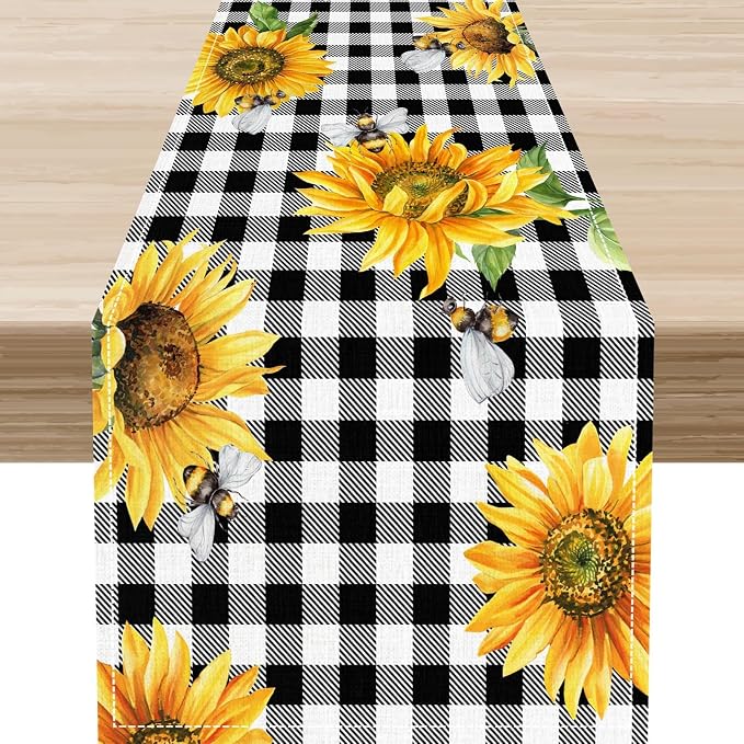 Sunflower Table Runner, Baffalo Plaid Summer Fall Yellow Florals Rustic by Unknown