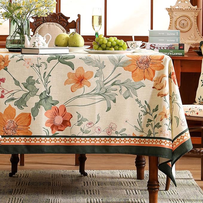 French Long Tablecloth for Rectangle Table, Linen Orange Floral Wrinkle - Image 2